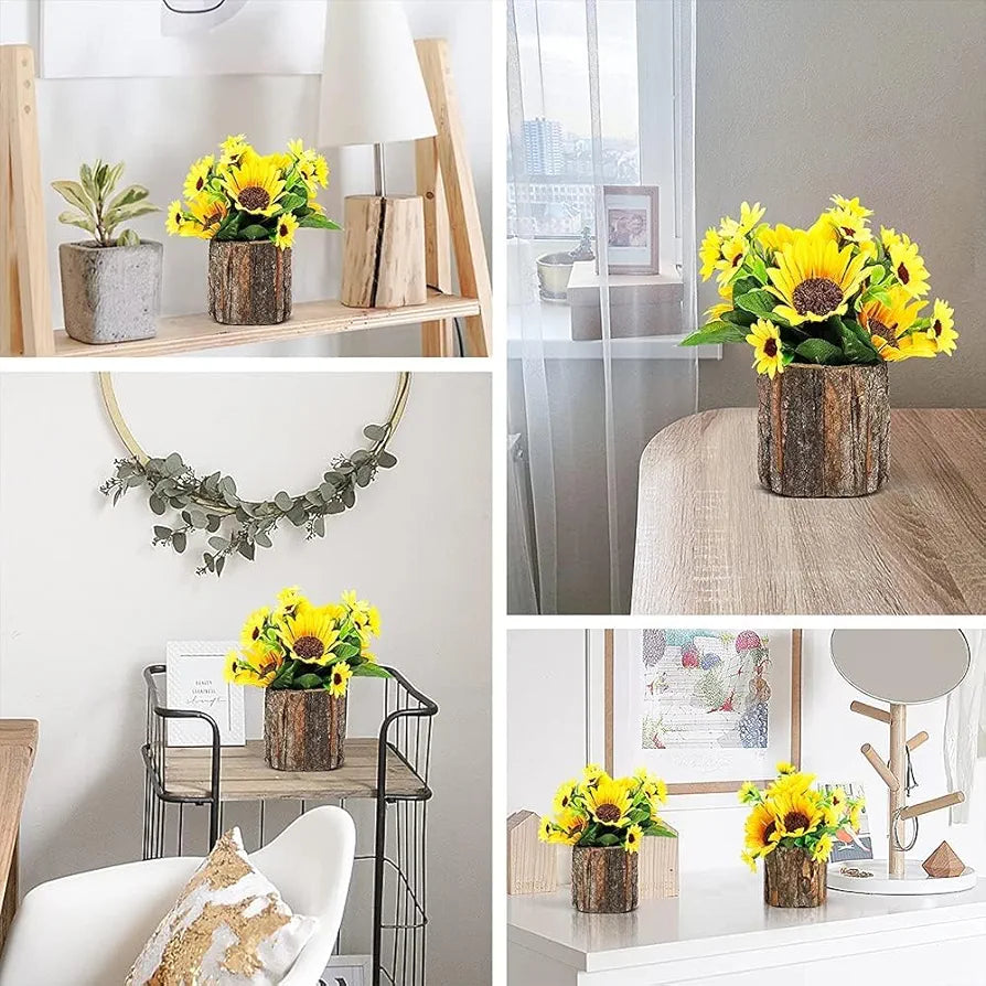 Wood Artificial Flowers Fake Flowers/Mini Potted Artificial Plants with Bark Pot Small Indoor Yellow