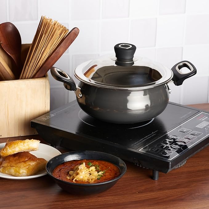 Vinod Black Pearl Hard Anodised Non Stick Handi with Lid - 2 Litre, Mini | 3.25mm Thickness | Biryani Pot