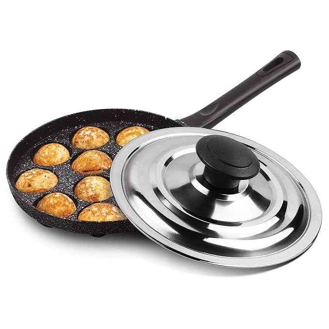 Milton Pro Cook Appam Patra Cookware 12 Cavities, 14 Inch Non-stick Paniyaram Pan With Stainless Steel Lid - 635 gms