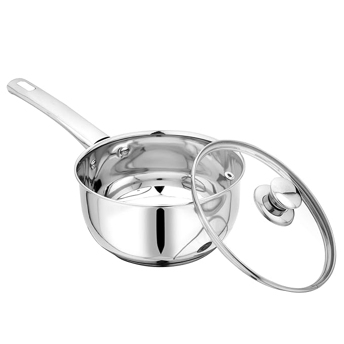 Pristine Try Ply Induction Base Stainless Steel Sauce Pan With Knob Glass Lid - 920 gms