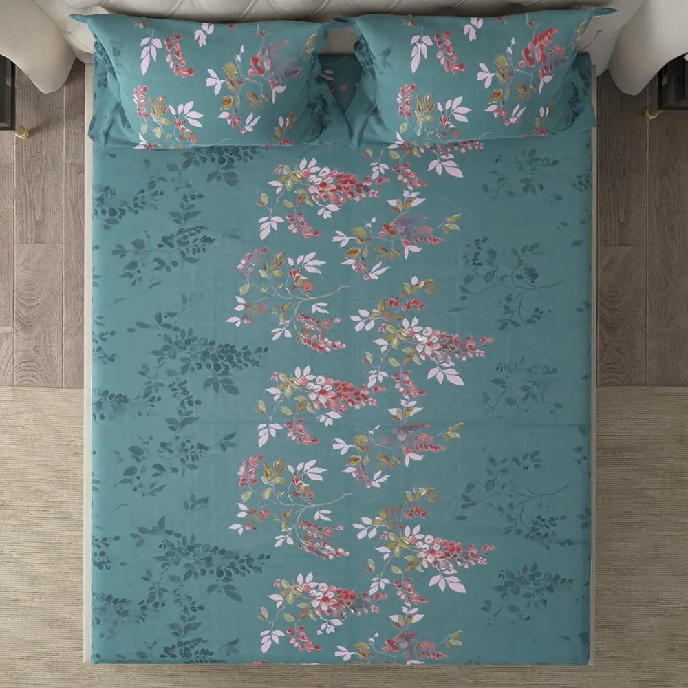 Cloth Fusion 186tc Glace Cotton Elastic Fitted Bedsheet for Double Bed King Size with 2 Pillow Covers Botanical Night