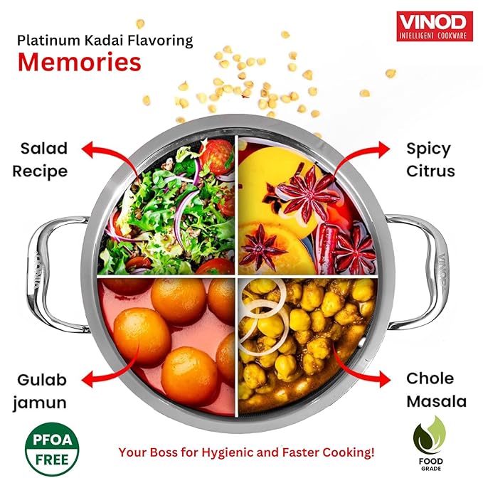 Vinod Platinum Triply Stainless Steel Extra Deep Kadai with Lid 3.7 Litre (26 cm Dia) | 2.5mm Thick | Stainless Steel Cookware