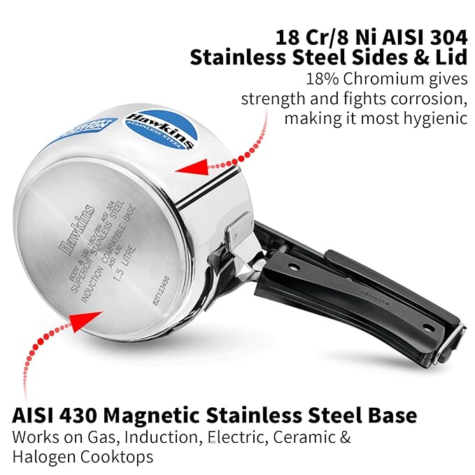 Hawkins 1.5 Litre Pressure Cooker Stainless Steel Inner Lid Cooker Induction Cooker Small Cooker Silver