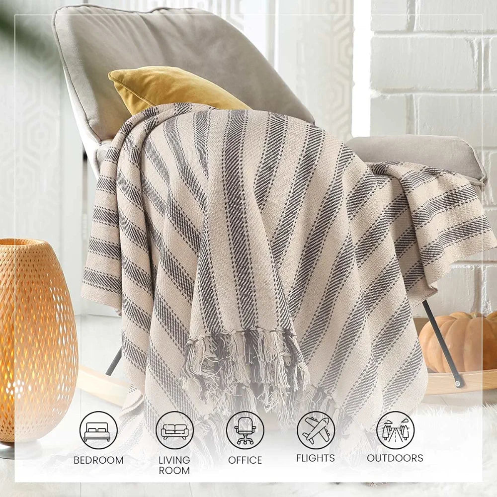 Sashaa World Striped Throw Medium with Tasselled Edges Colour Dark Blue