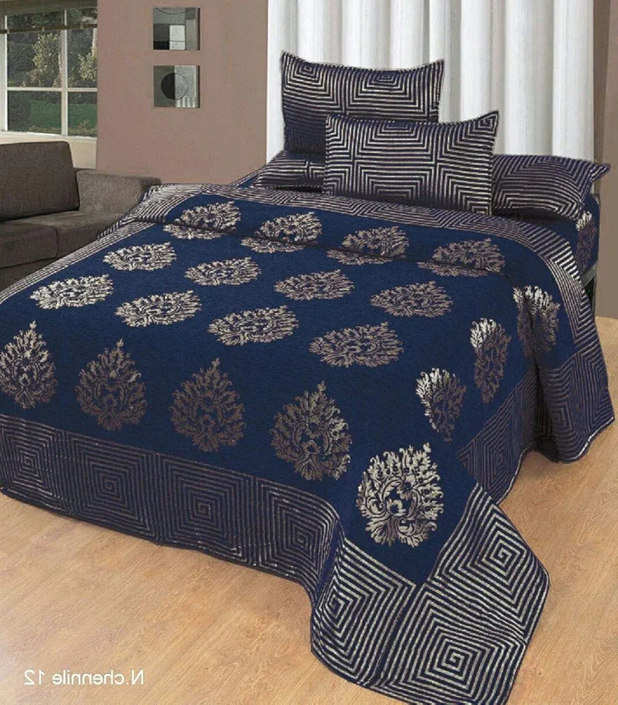 Fresh From Loom Chenille Velvet 500 TC Bedsheet 1 Double Bed King Size Bedsheet with 2 Pillow Cover Jhumka Blue