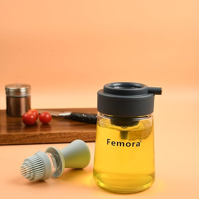 Femora Glass Oil Dispencer Bottle With Silicone Brush, Dropper | 350 Ml | Pack of 1 | Grey