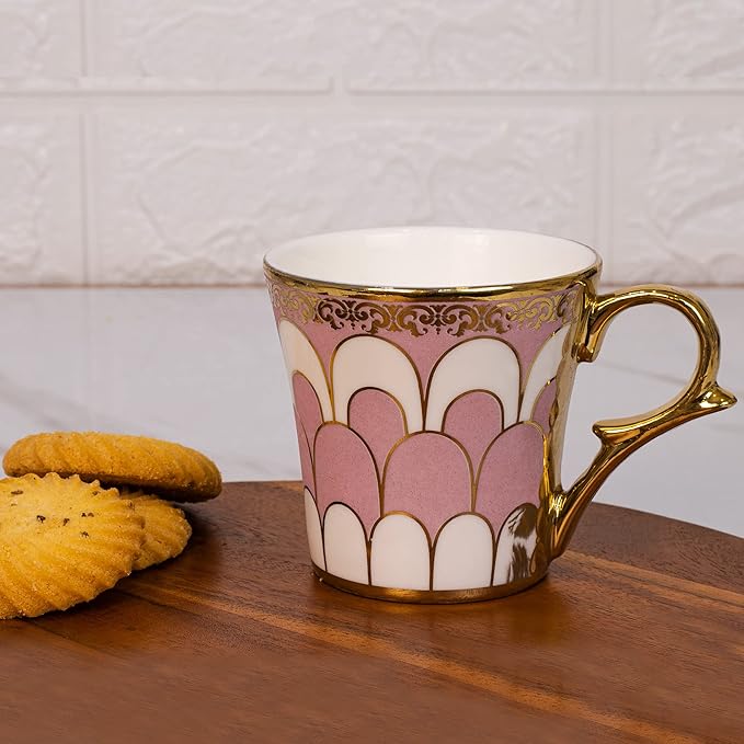 Femora Water Drop Scale Pattern Golden Coffee Mugs | 160 Ml | Pink | 6 Pieces Set | Not Microwave Safe