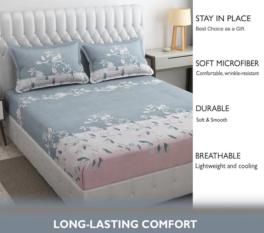Fresh From Loom King Size Floral Print Microfiber Bedsheet Set 240 TC Anti Fade Includes 2 Pillow Cover Astar-Denim