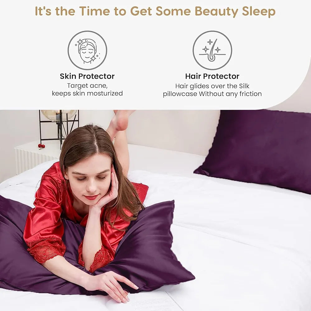 Cloth Fusion Satin Pillow Cover Set of 2 Perfect Pillow case with 3 Satin Soft Scrunchies for Women Solid 400 TC Wine