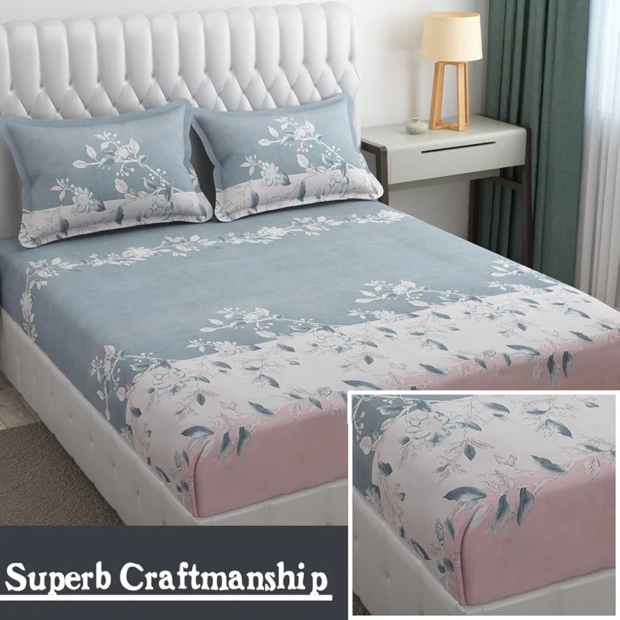Fresh From Loom Double Bed King Size Floral Design Bed Spread with 2 Pillow Covers 144 TC Walnut Grey