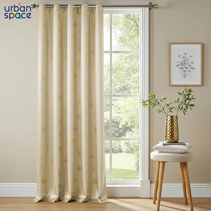 Urban Space Blackout Curtains for Living Room, Gold Foil Printed Luxurious Blackout Decorative Door Curtain Eyelet with Tieback, 1 Piece Crackle Beige