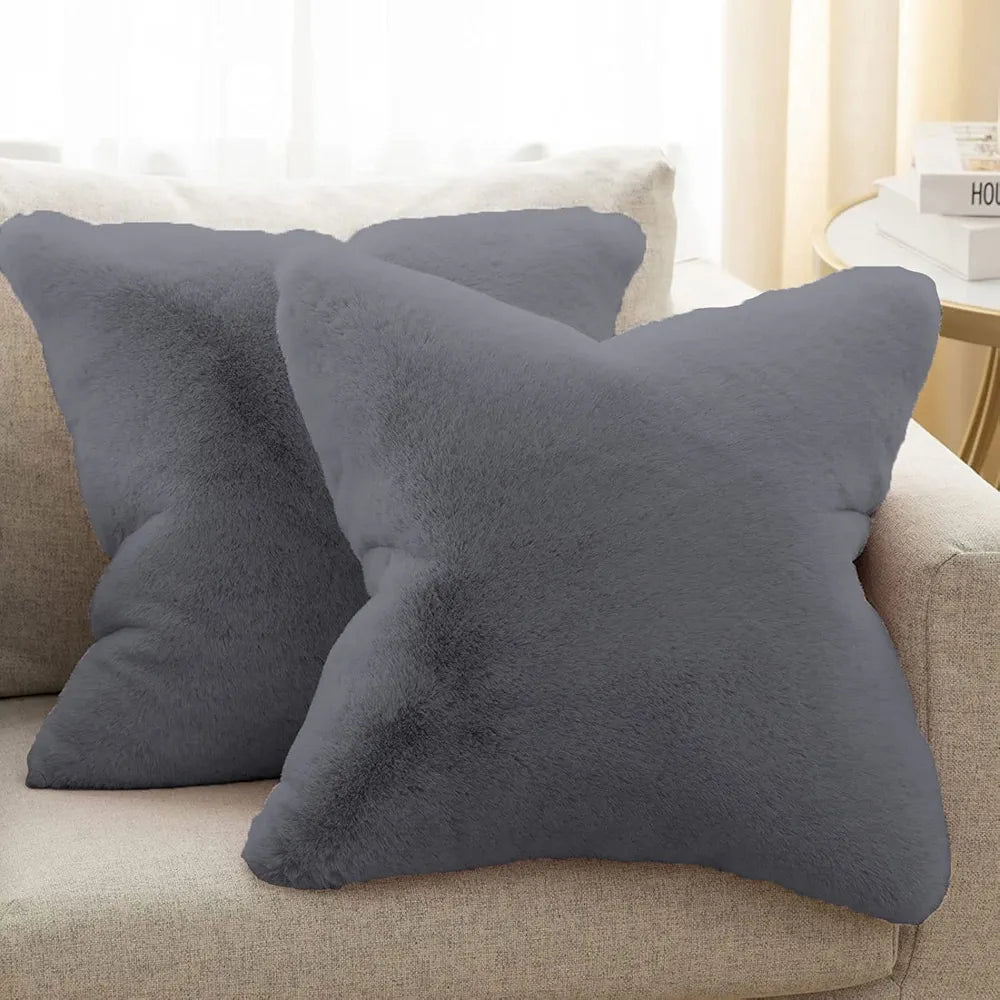 Luxe Home Cushion Cover One Side Rabbit Fur Plain Design Covers Set of 2 Colour Grey