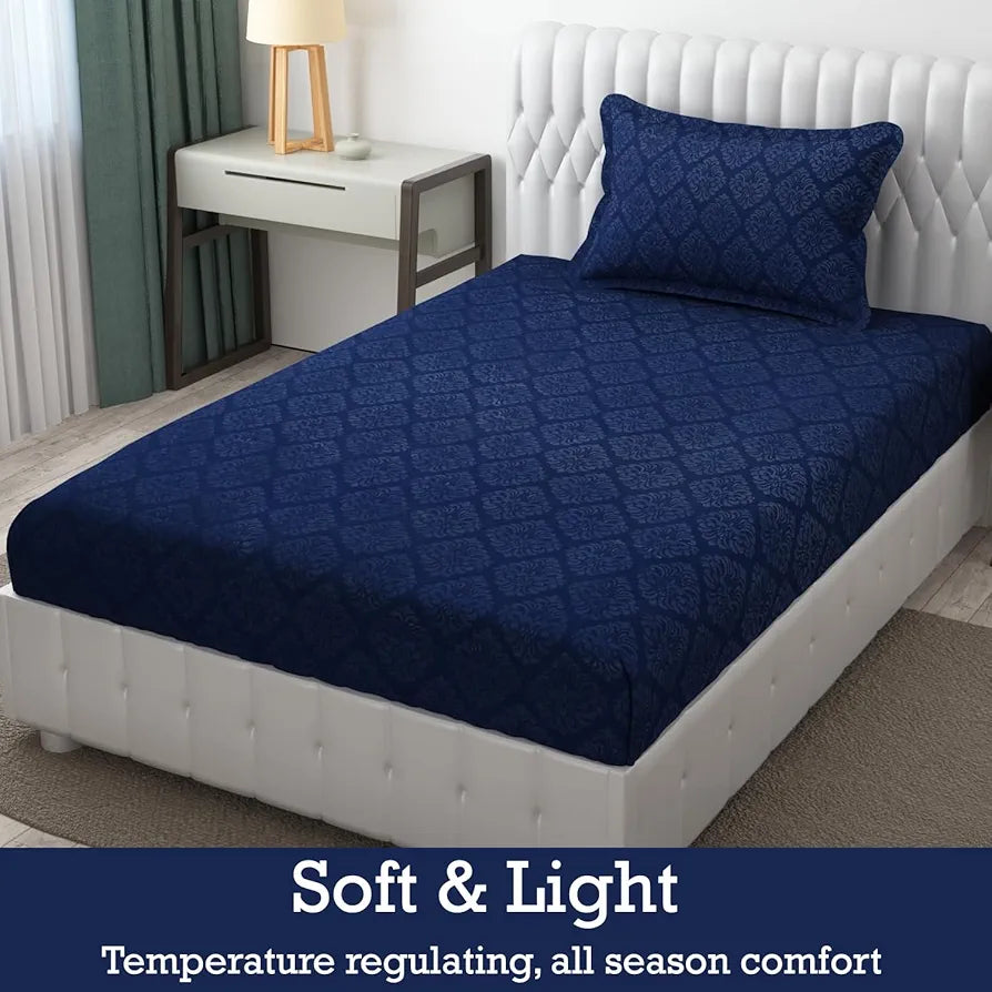 Fresh From Loom Hypoallergenic Rotary Printed Double Bedsheet Single Bedsheet With 1 Pillow Covers 144 TC Navy-Blue Damas