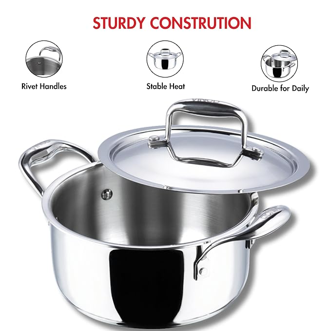Vinod Platinum Triply Stainless Steel Saucepot with Lid - 5 Litre, 24 cm | 2.5mm Thick | SAS Bottom | Biryani Pot