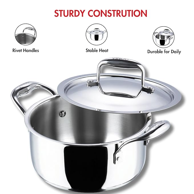 Vinod Platinum Triply Stainless Steel Saucepot with Lid - 1.8 Litre, 18 cm | 2.5mm Thick | SAS Bottom | Biryani Pot