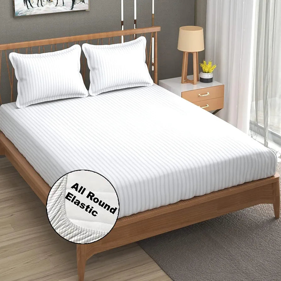 Fresh From Loom 240 TC Satin Striped Soft Bed Covers King Size Bed with Two Pillow Cover Elastic Bedsheet White