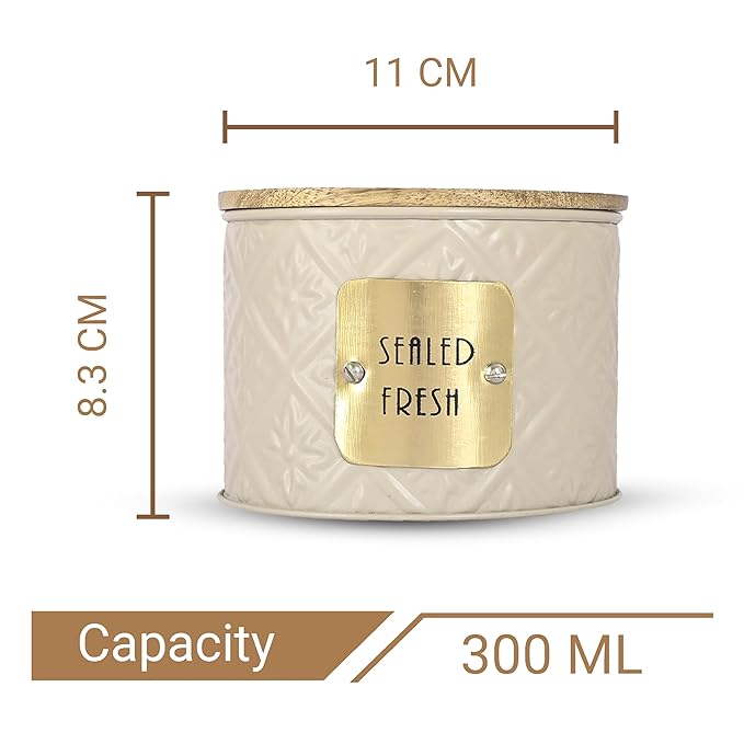Femora Kitchen Storage Jars Tin Jar With Wooden Lid Air Tight Jar | 300 Ml | Pack of 4