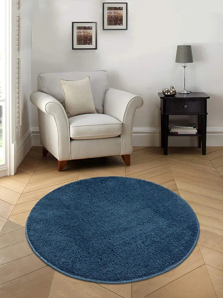 Saral Home Neo Shaggy Yarn Anti-Skid Round Mats Colour Blue