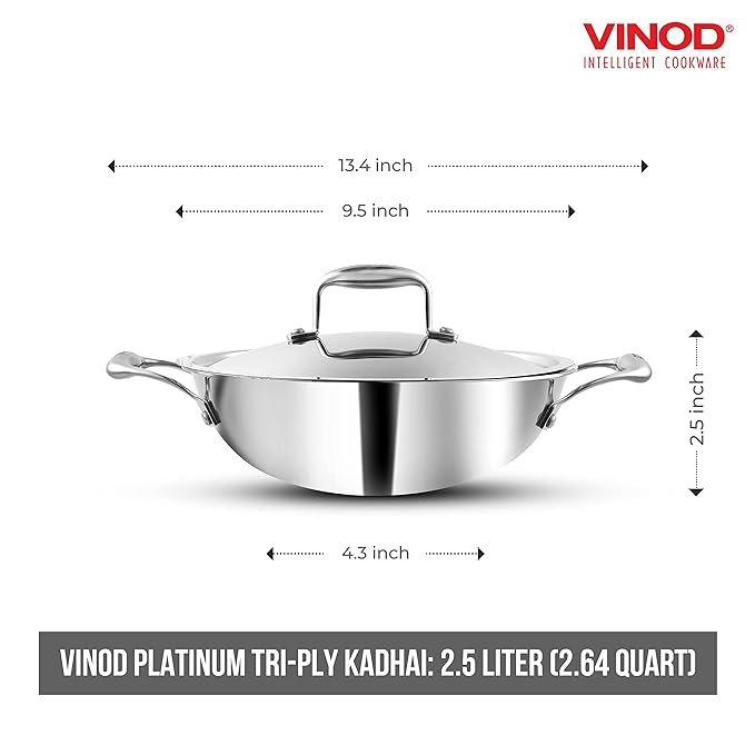 Vinod Platinum Triply Stainless Steel Cookware Kadai With Lid | 2.5 Litres | 24 Cm | 2.5 Mm Thick | 3 Layer Kadhai