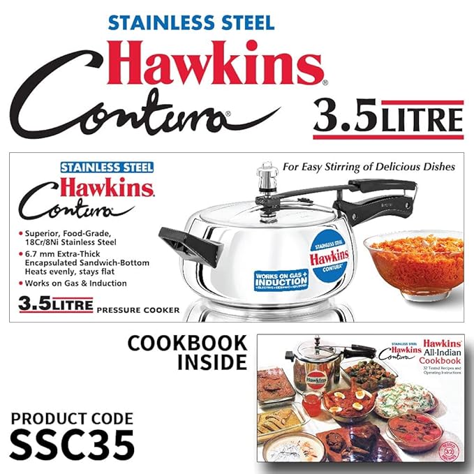 Hawkins 3.5 Litre Contura Pressure Cooker Stainless Steel Inner Lid Handi Cooker Induction Silver