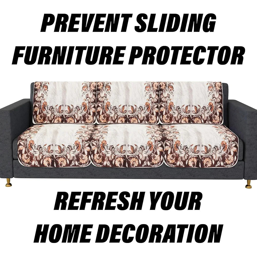 Kuber Industries Sofa Slip Cover Set Brown Flower Sofa Cover 5 Seater Couch Cover Cream