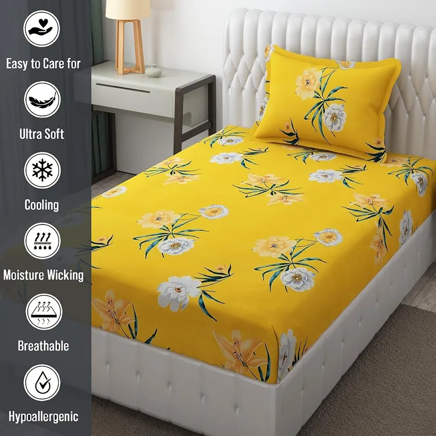 Fresh From Loom Single Bed Floral Design Microfiber Single Bedsheet Bedsheets Bedcover Wrinkle Free Includes 1 Pillow Covers 144 TC Peach Yellow