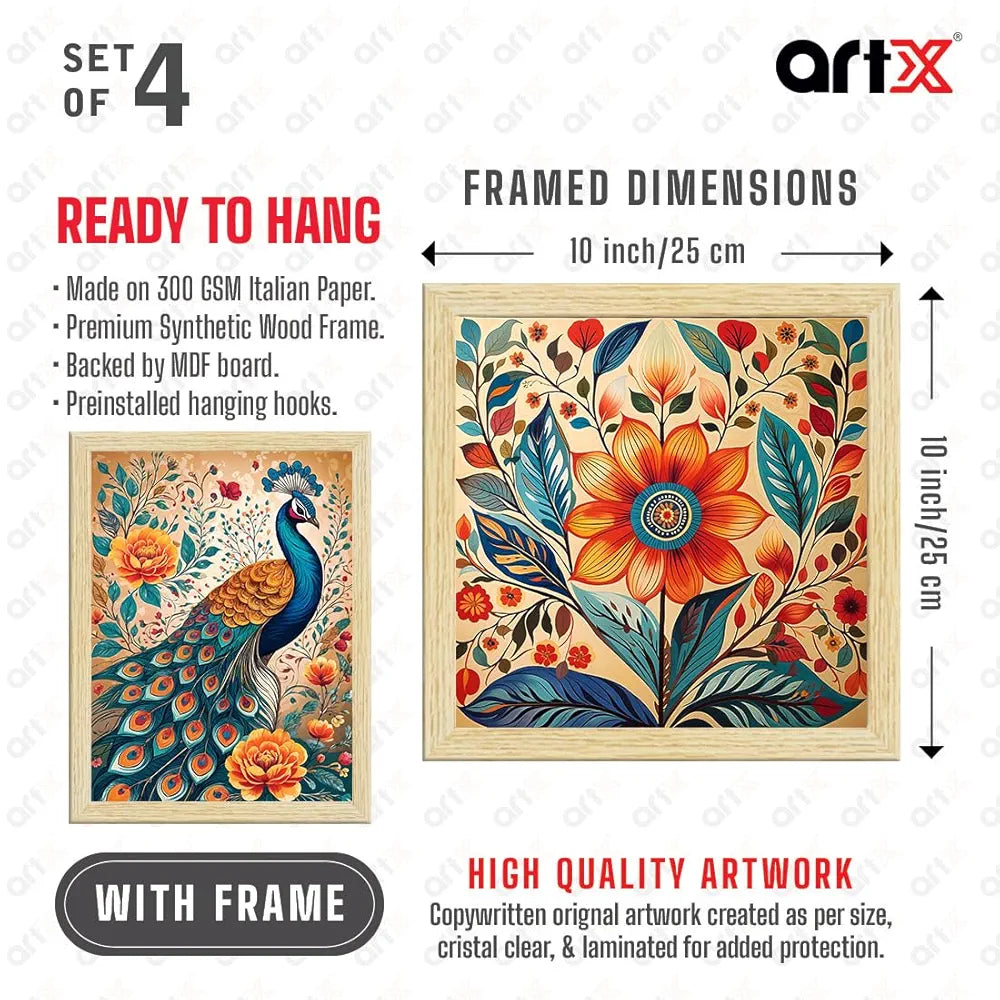 ArtX Paper Madhubani Madhubani-SO4-06 Art Paintings with Frame Multicolor Set of 4