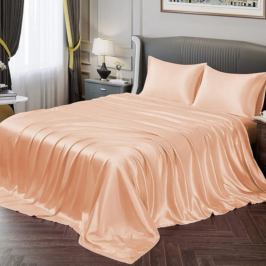 Cloth Fusion Satin Bedsheet for King Size Bed Set of 1 & 2 Pillow Covers H603 115 TC Peach