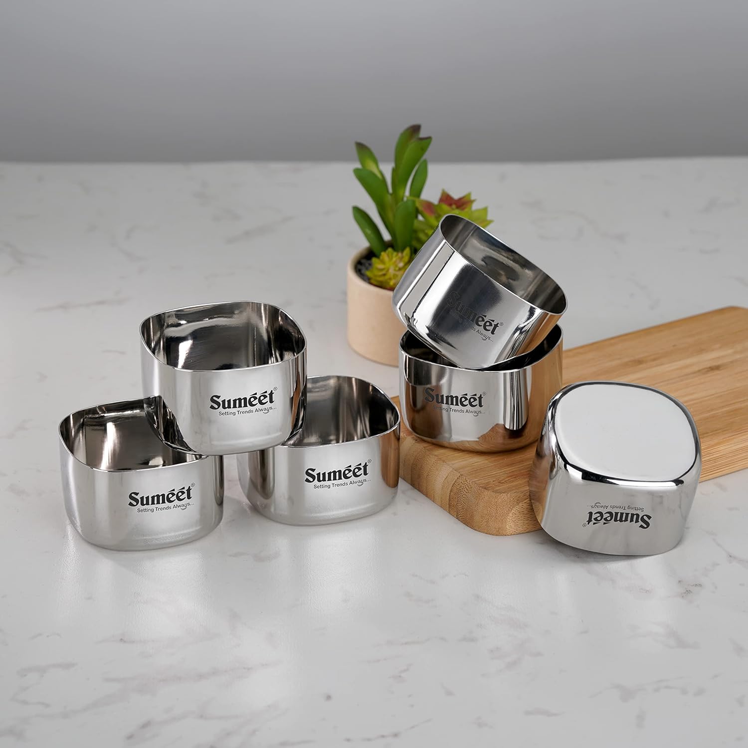 Sumeet Heavy Gauge Stainless Steel Square Bowl Set of 6pc 150 ml Each Silver