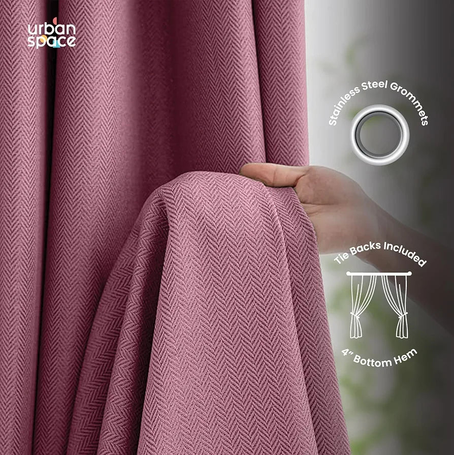 Urban Space Blackout Curtains for Door Set of 2, Embossed Herringbone Design Light Blocking Blackout Curtain for Living Room, Curtains with Eyelets and Tieback Drift Pink