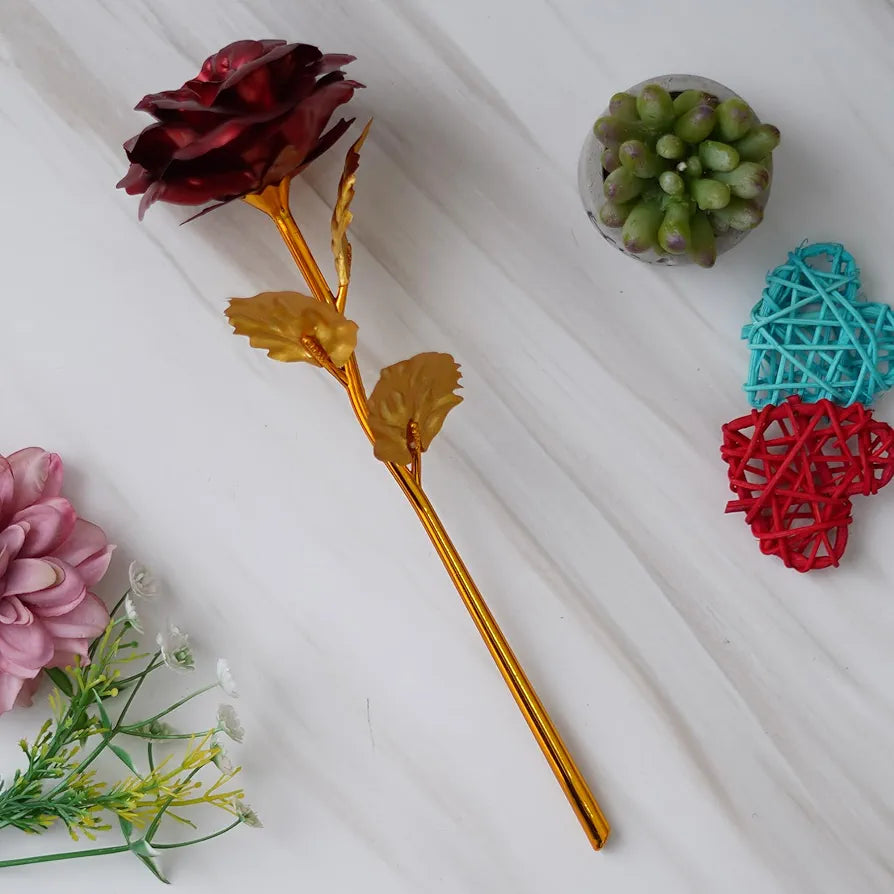 Plastic Golden Red Rose Flower Showpiece Red Golden
