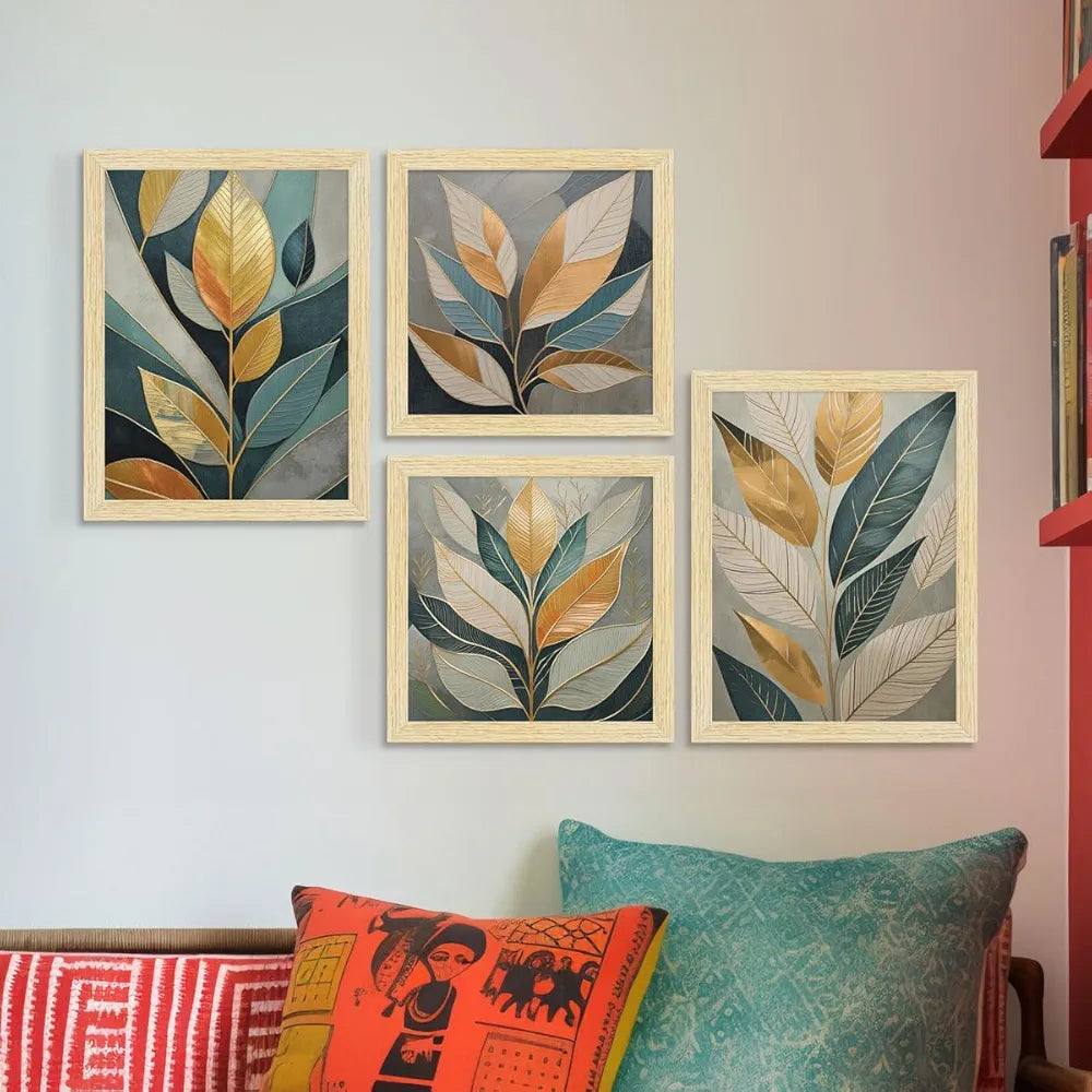 ArtX Paper Golden Leaves Botanical Art Paintings With Frame Set of 4