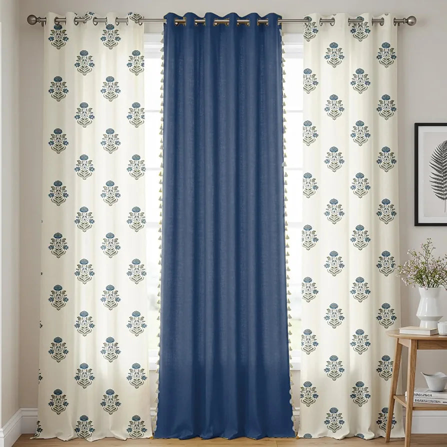 Urban Space Cotton Curtains for Door Combo Set of 3 Curtains 7 feet Long Room Darkening Curtain Tieback & Eyelets Included with Curtains Liberty Blue & Aura Indigo