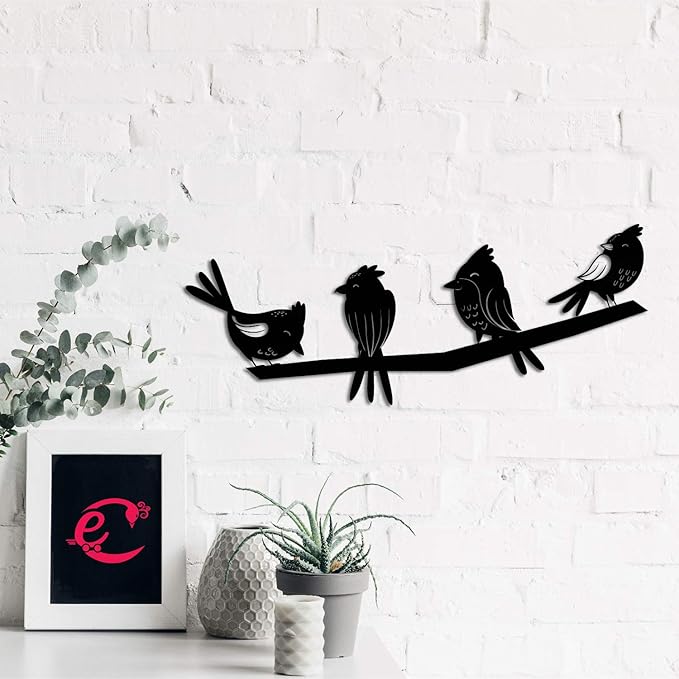 Ecraftindia Birds on a Branch Black Engineered Wood Cutout Wall Art Decor | Nature, Bird Wall Hanging