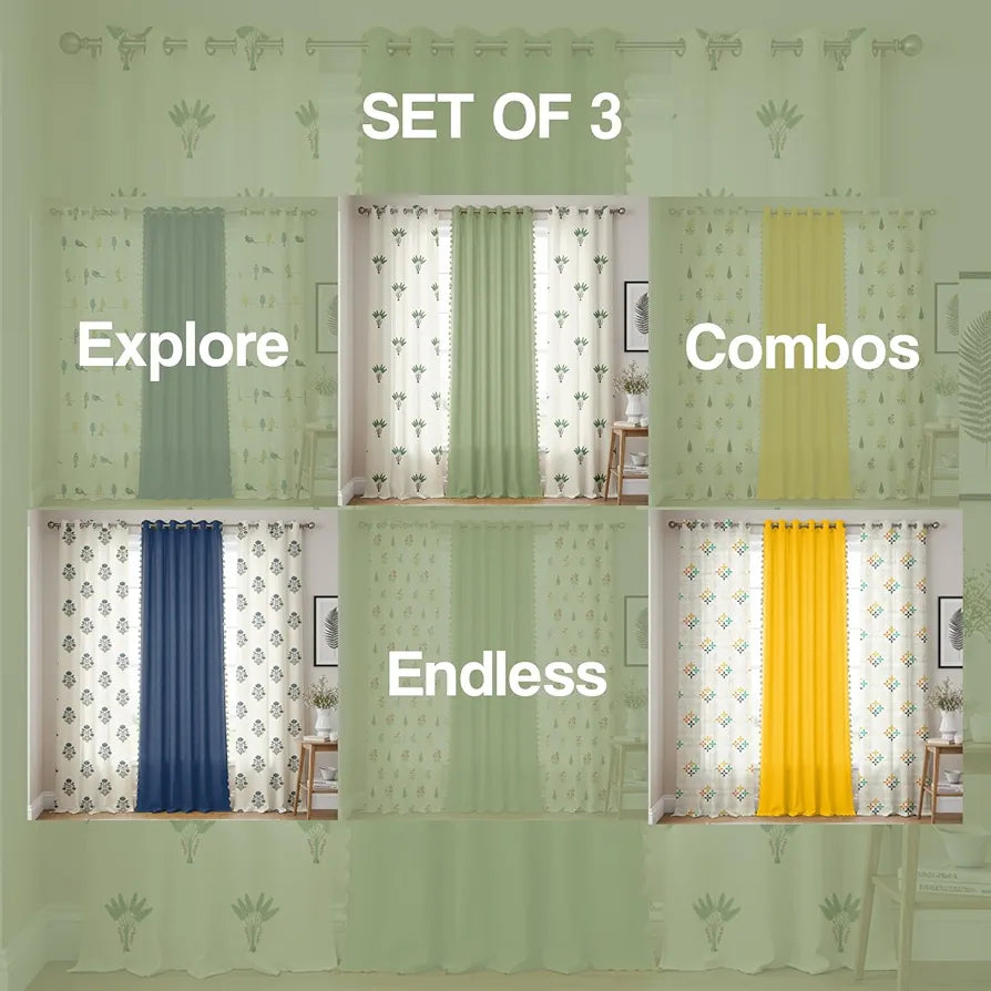 Urban Space Cotton Curtains for Door Combo Set of 3 Room Darkening Curtains for Home Decor Palm Lagoon Green & Aura Green
