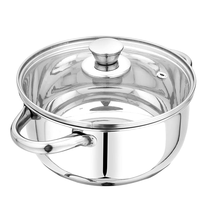 Pristine Stainless Steel Tri Ply Induction Base Cook n Serve Casserole with Glass Lid 14 cm - 630 gms