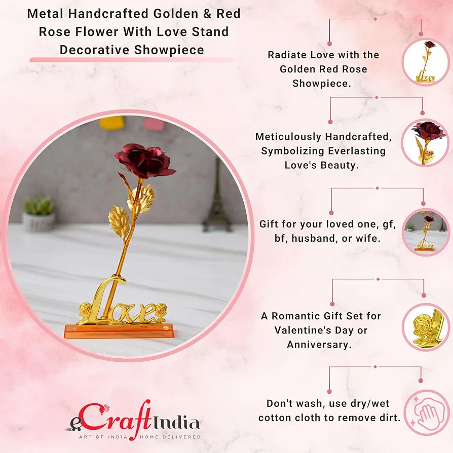 Golden Red Rose Flower with Love Showpiece