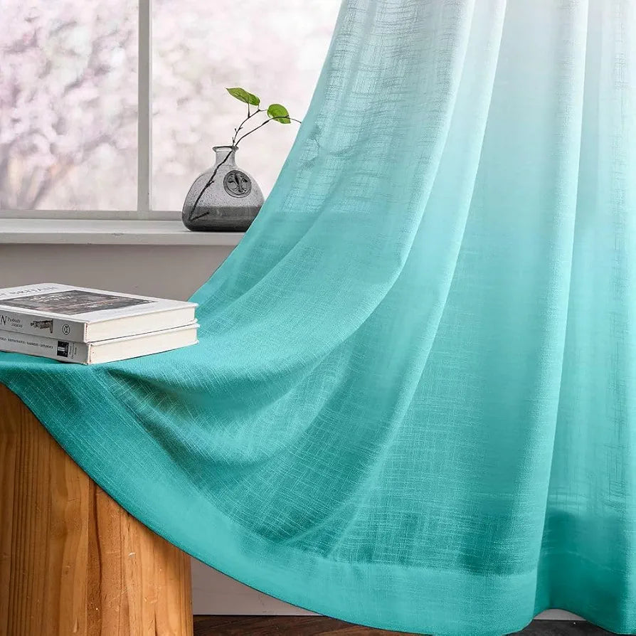 Homadorn Ombre Printed Linen Textured Sheer Curtains White + Sky Blue