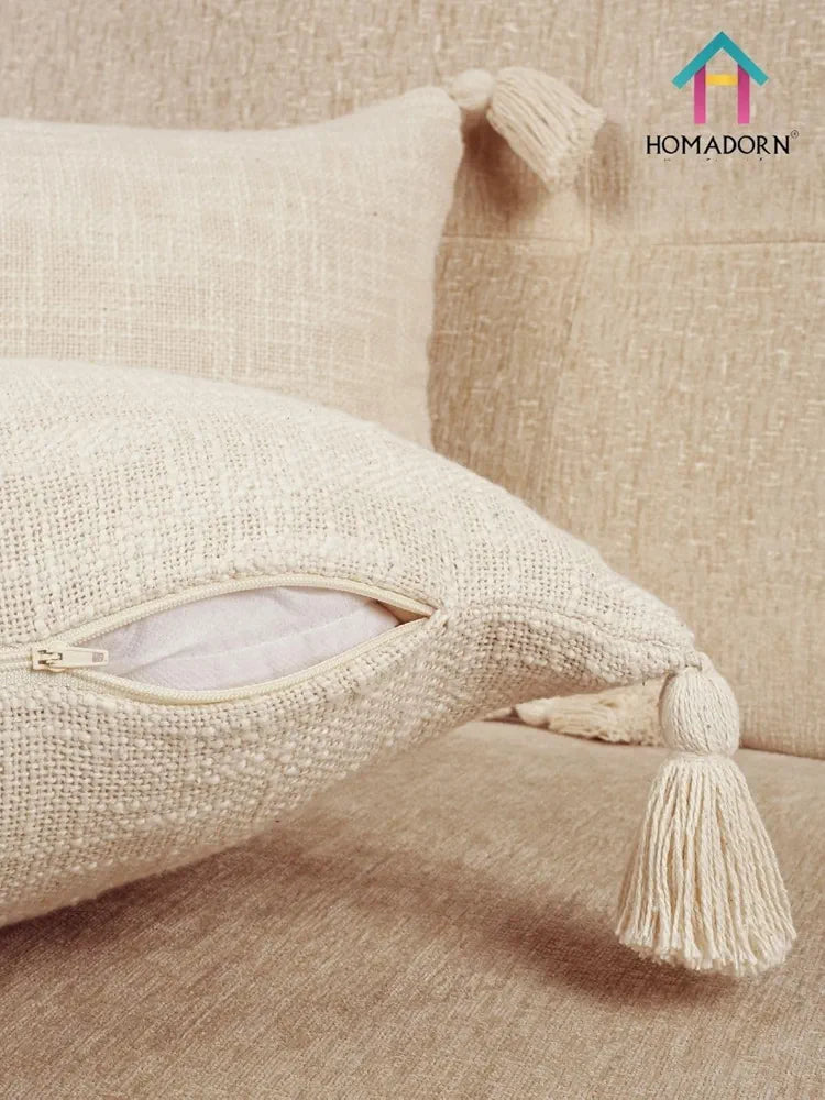 Homadorn Luxury Cotton Handmade Decorative Boho Throw Pillow Covers Off White