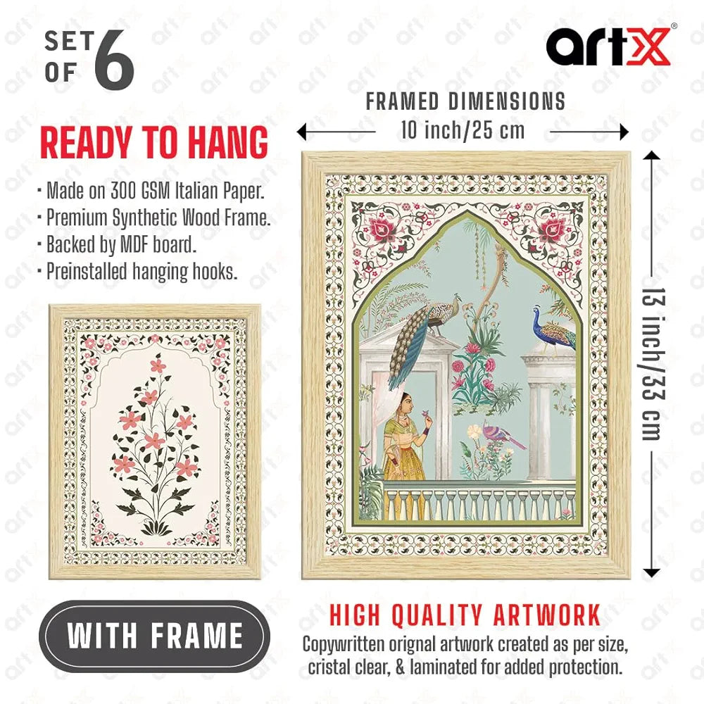 ArtX Paper Indian Rangmala Madhubani Madhubani-SO6-01 Art Paintings with Frame Wall Painting Multicolor Set of 6