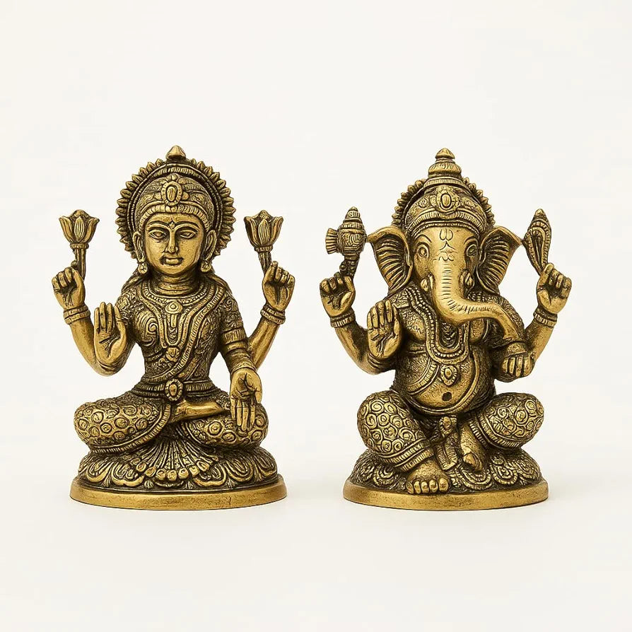 DecorTwist® Lakshmi Ganesh Idol 4 Inch Height | Brass Laxmi Ganesha Murti | Lakshmi Ganesh Statue Gift for Home Decor, Office Desk, Puja Room Figurine, Diwali Decorative Showpiece Pack of 2