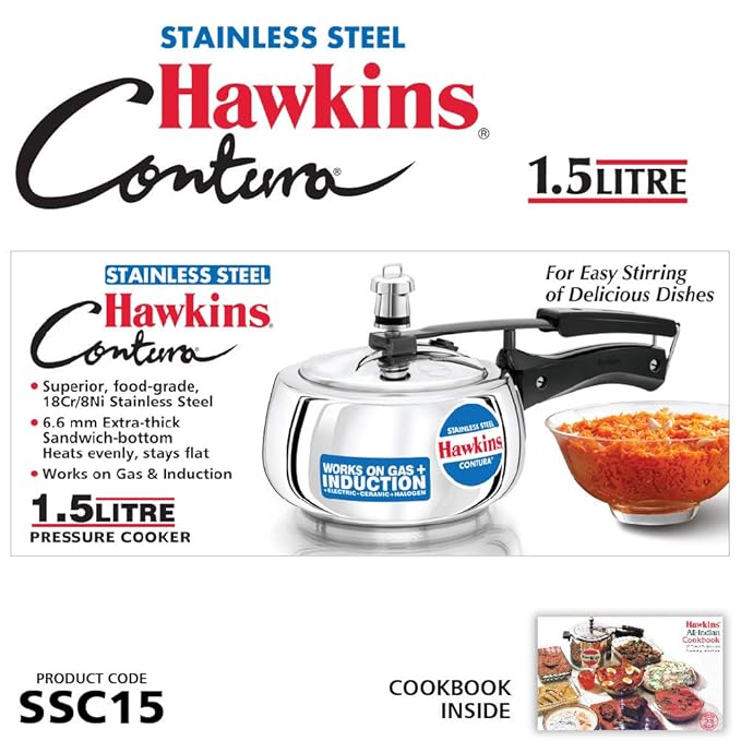 Hawkins Stainless Steel Contura Induction Compatible Inner Lid Pressure Cooker, 1.5 Litre, Silver