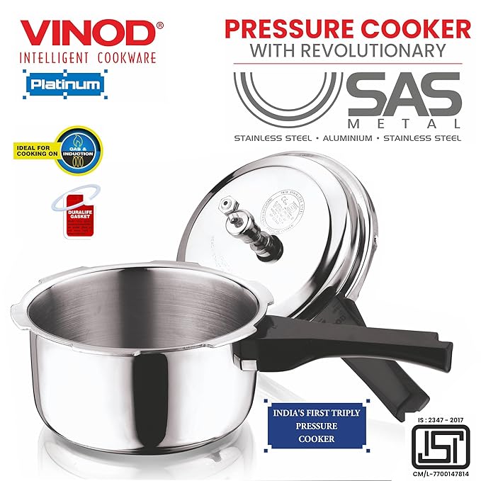 Vinod Platinum Triply Stainless Steel Outer Lid Pressure Cooker - 1. 5 Litres | Induction and Gas Stove Friendly | Silver