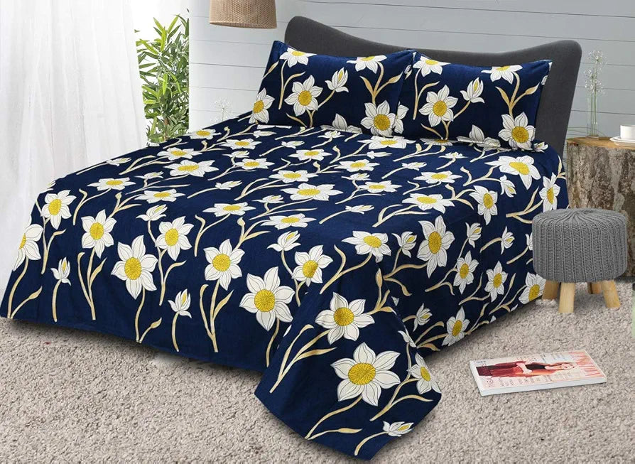 Fresh From Loom 144 TC King Bedsheet for Double Bed Floral Design Bed Spread 2 Pillow Covers Royal Blue