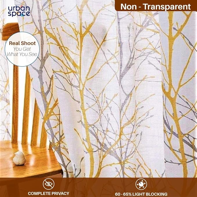 Urban Space Cotton Curtains for Door Set of 2 with Eyelets and tieback (Colou Branch Yellow)