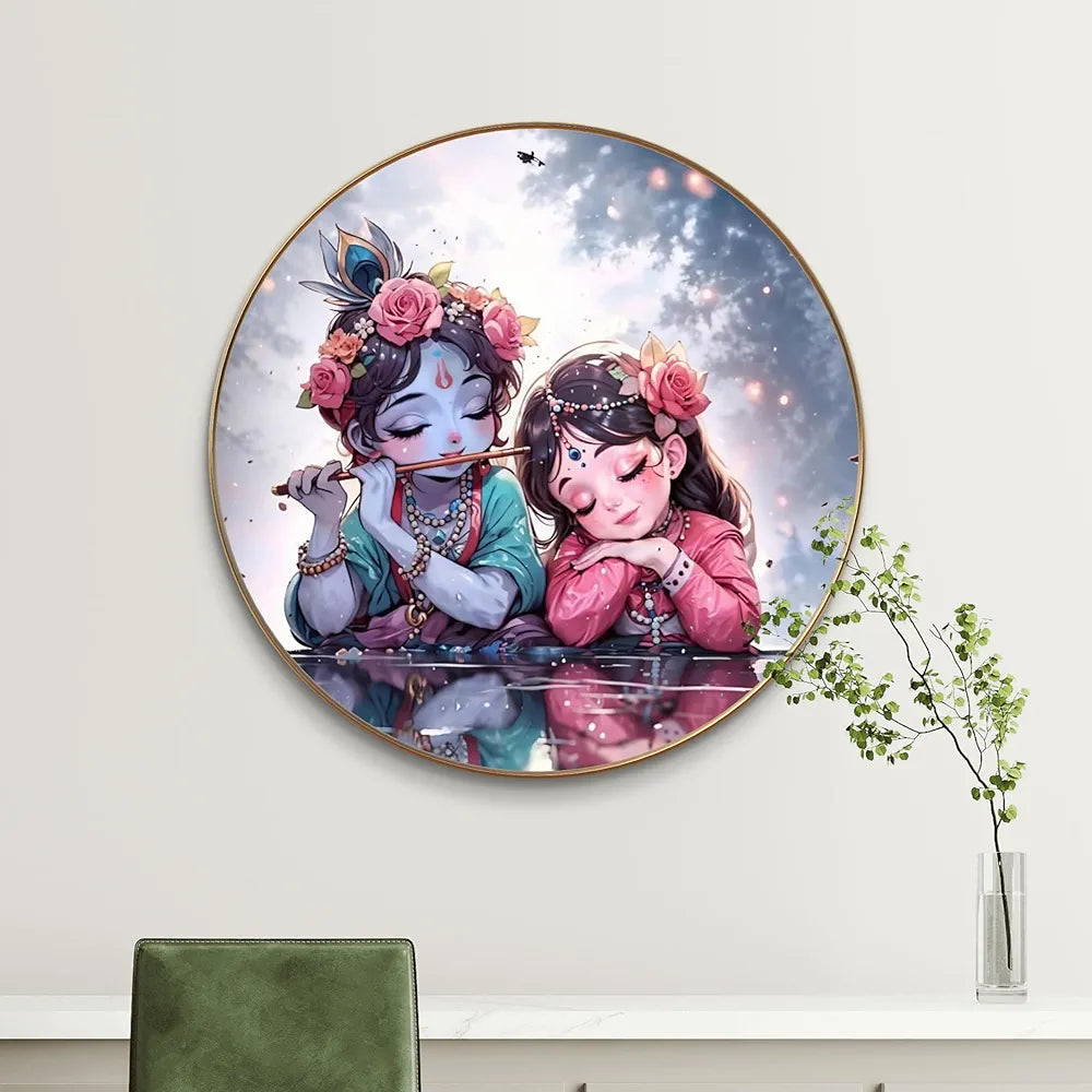Livin'luxe Paintings Krishna and Radha Childhood Bliss Wall Painting with Frame - Sparkle Glossy Round Golden Framed Large