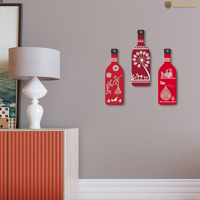 Artvibes Tribal Warli Art Wooden Wall Hanging for Home Decor | Set of 3