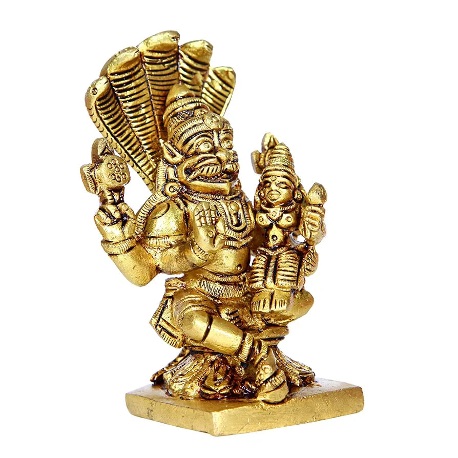 anciently Lakshmi Narasimhar Statue | Lakshmi Narasimha Statue | Lakshmi Narasimhar Idol | Lakshmi Narasimha Swamy Idol Brass 9cm Height, Brass, Gold Colour