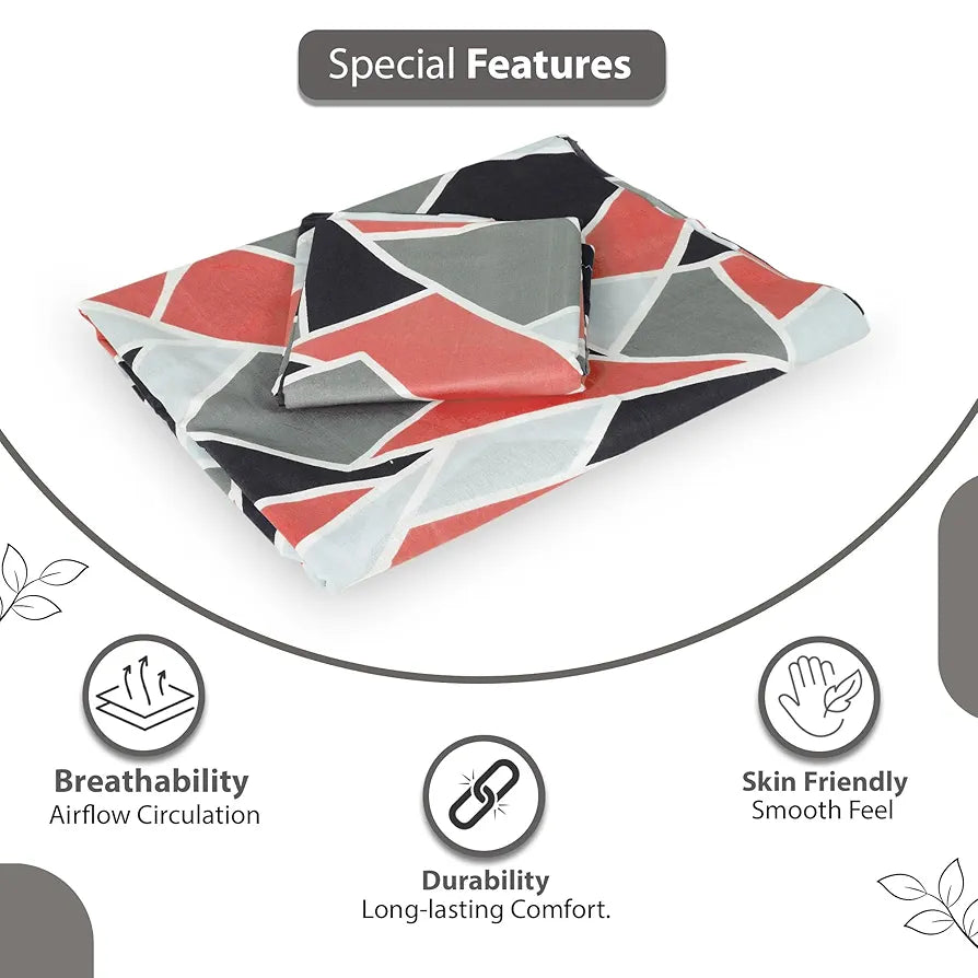 Divine Casa 144 TC 100% Cotton Bedsheet for Single Bed with 1 Pillow Cover Colour Red Grey