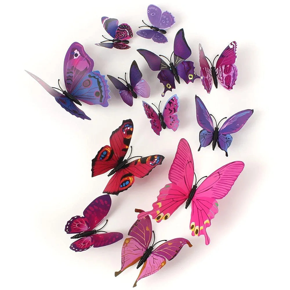 Xtore Plastic Reusable Wall 3D Butterfly Sticker with Sticking Pad Set of 12 Pieces Purple